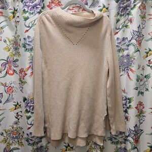 Pact Organic Cotton Fisherman Knit Mock Neck Sweater Beige Oatmeal Womens Large